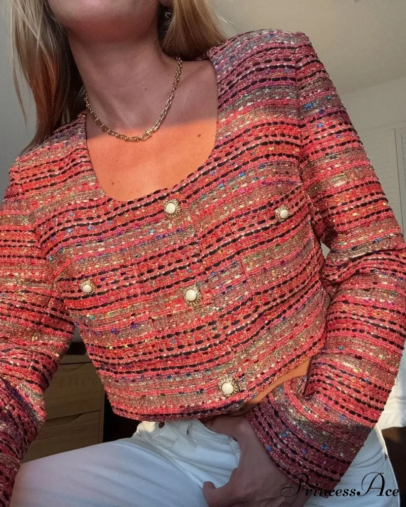 Knitted Buttoned Pocketed Square Neck Long Sleeved Short Autumn Casual Stylish Coat - Image 6