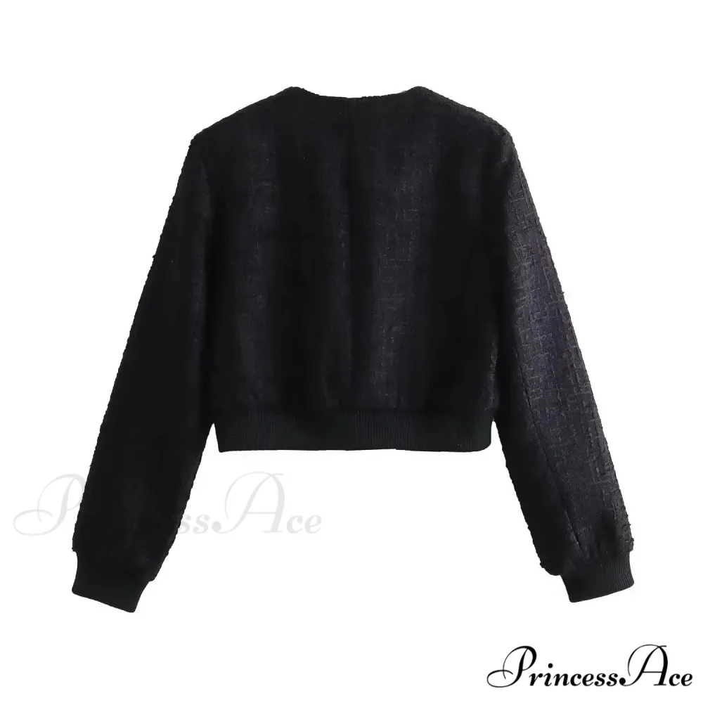 Solid Cropped Tweed Buttoned Round Neck Long Sleeve Short Autumn Stylish Chic Coat - Image 5