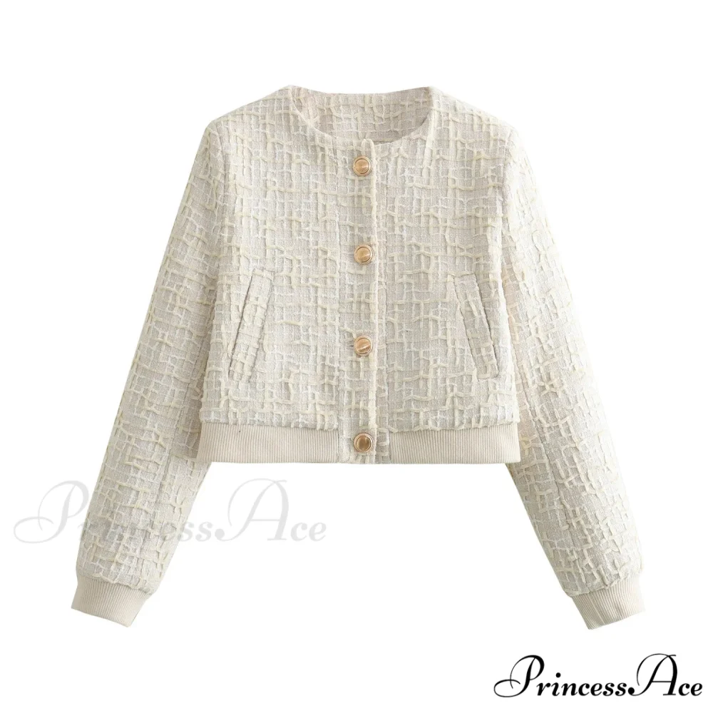 Solid Cropped Tweed Buttoned Round Neck Long Sleeve Short Autumn Stylish Chic Coat - Image 6