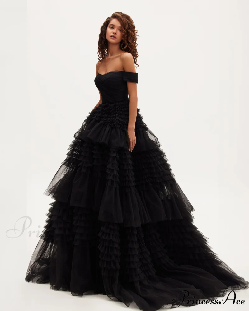 Black Off-The-Shoulder Stylish Frill-Layered Gown - Image 2