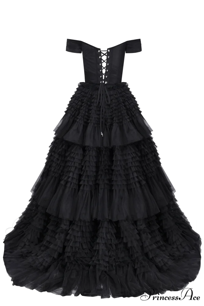 Black Off-The-Shoulder Stylish Frill-Layered Gown - Image 3