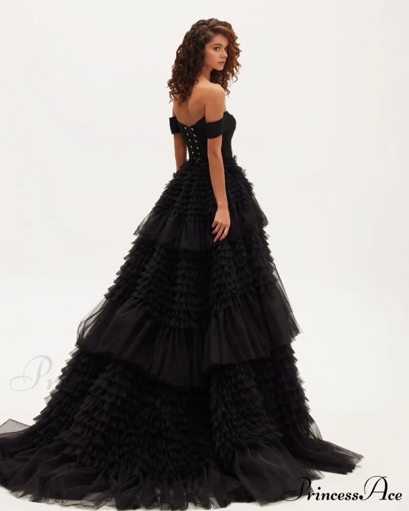Black Off-The-Shoulder Stylish Frill-Layered Gown - Image 4