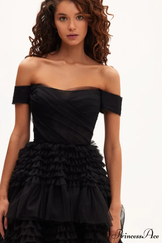 Black Off-The-Shoulder Stylish Frill-Layered Gown - Image 6