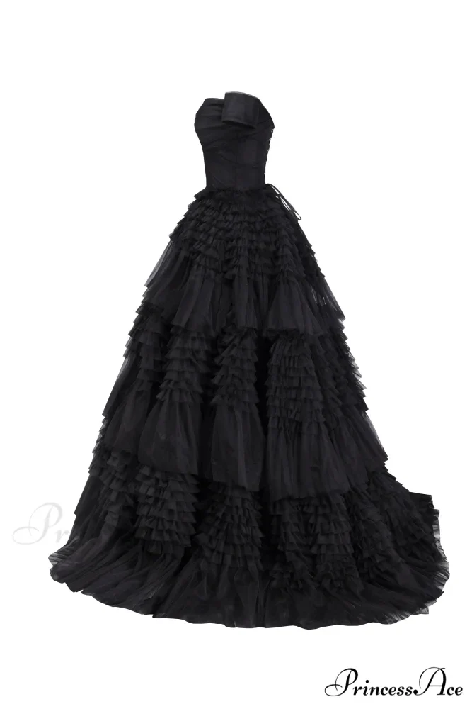 Black Off-The-Shoulder Stylish Frill-Layered Gown - Image 7