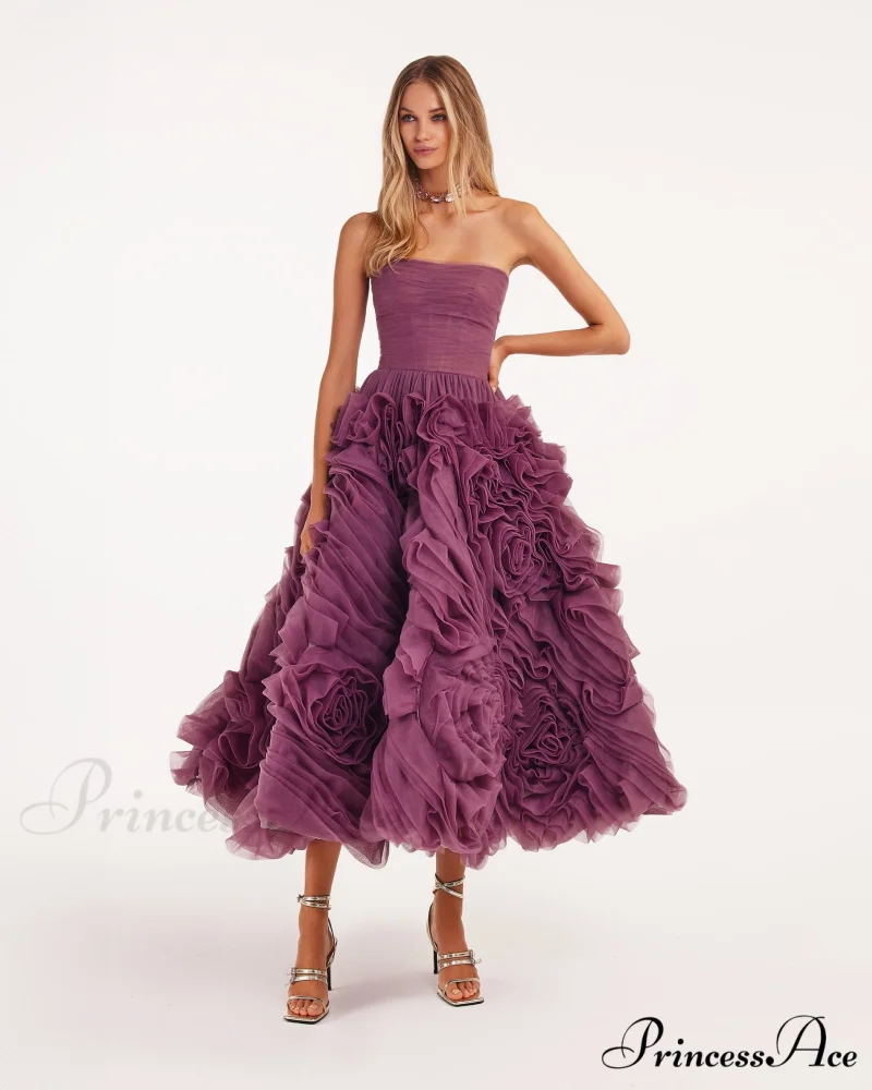 Dramatically Flowered Tulle Charming Dress In Wine Color - Image 2