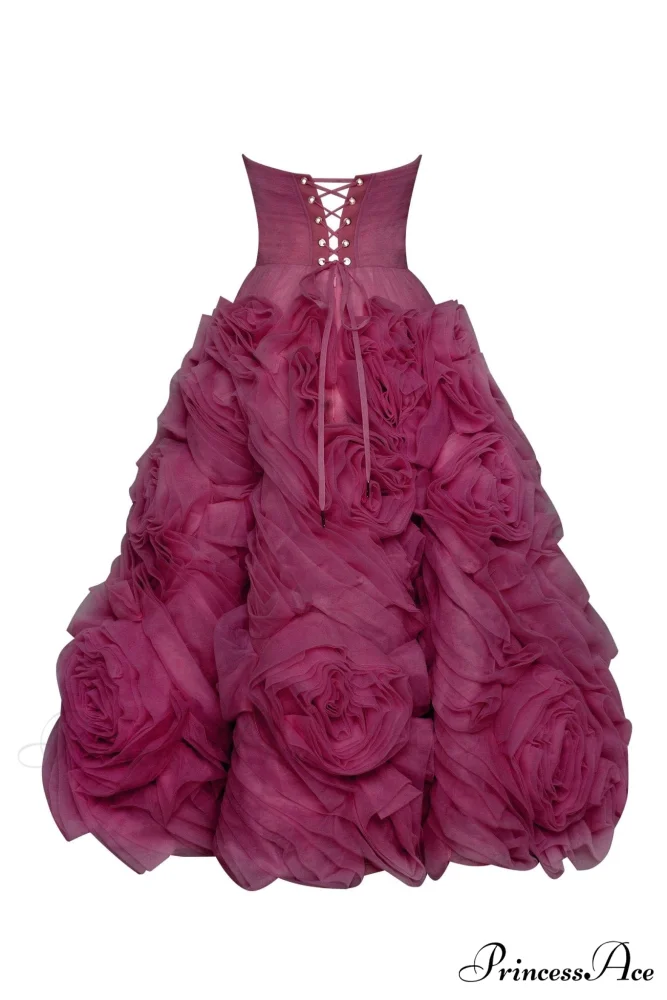 Dramatically Flowered Tulle Charming Dress In Wine Color - Image 3