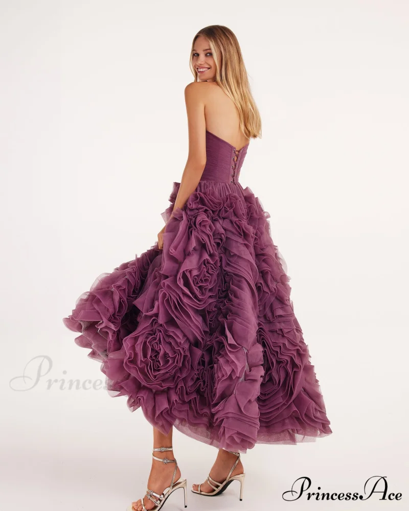 Dramatically Flowered Tulle Charming Dress In Wine Color - Image 4