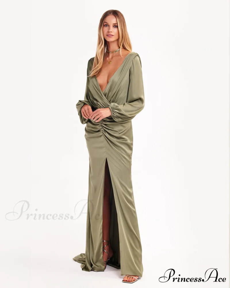 Fancy Olive Silk Charming Maxi Evening Dress - Image 2