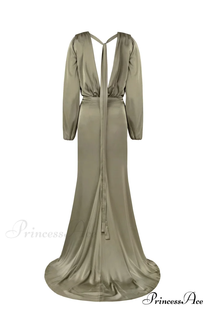 Fancy Olive Silk Charming Maxi Evening Dress - Image 3