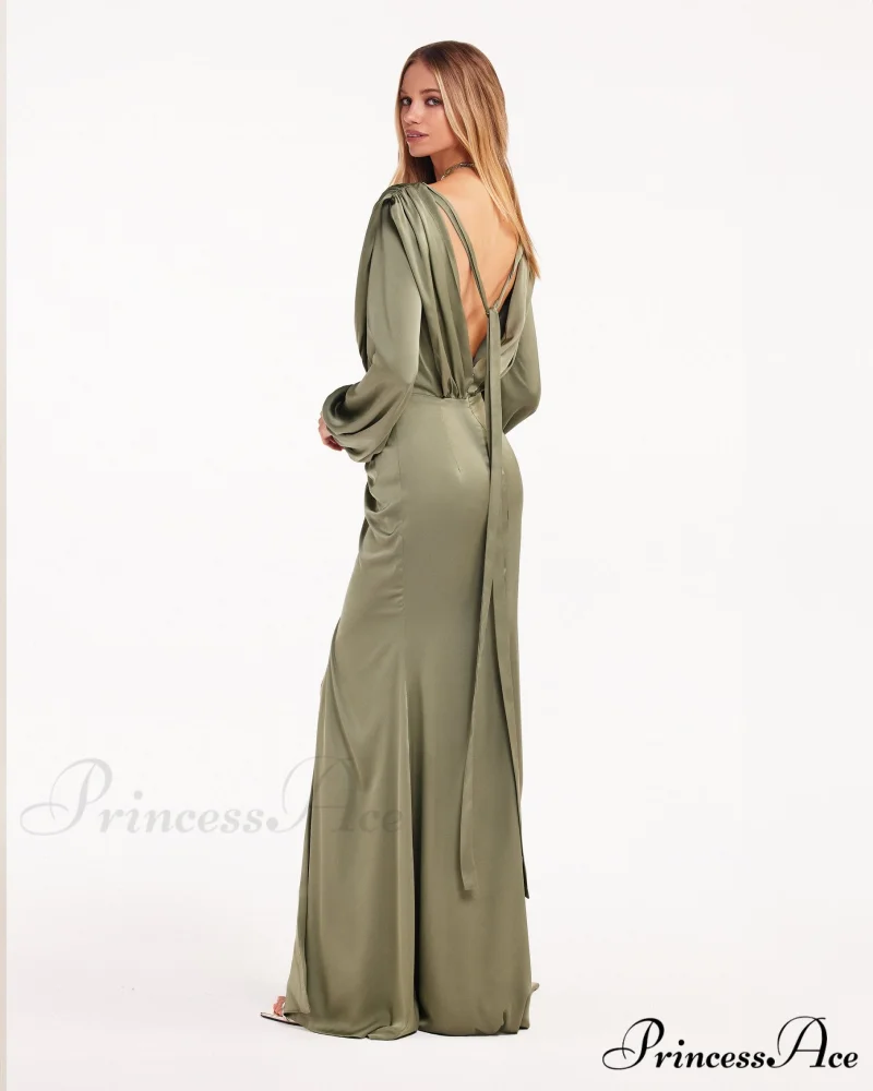 Fancy Olive Silk Charming Maxi Evening Dress - Image 4