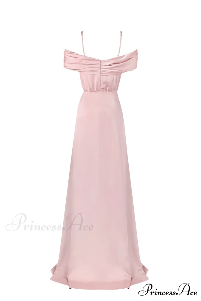 Elegant Misty Rose Charming Off-The-Shoulder Silk Maxi Dress - Image 3