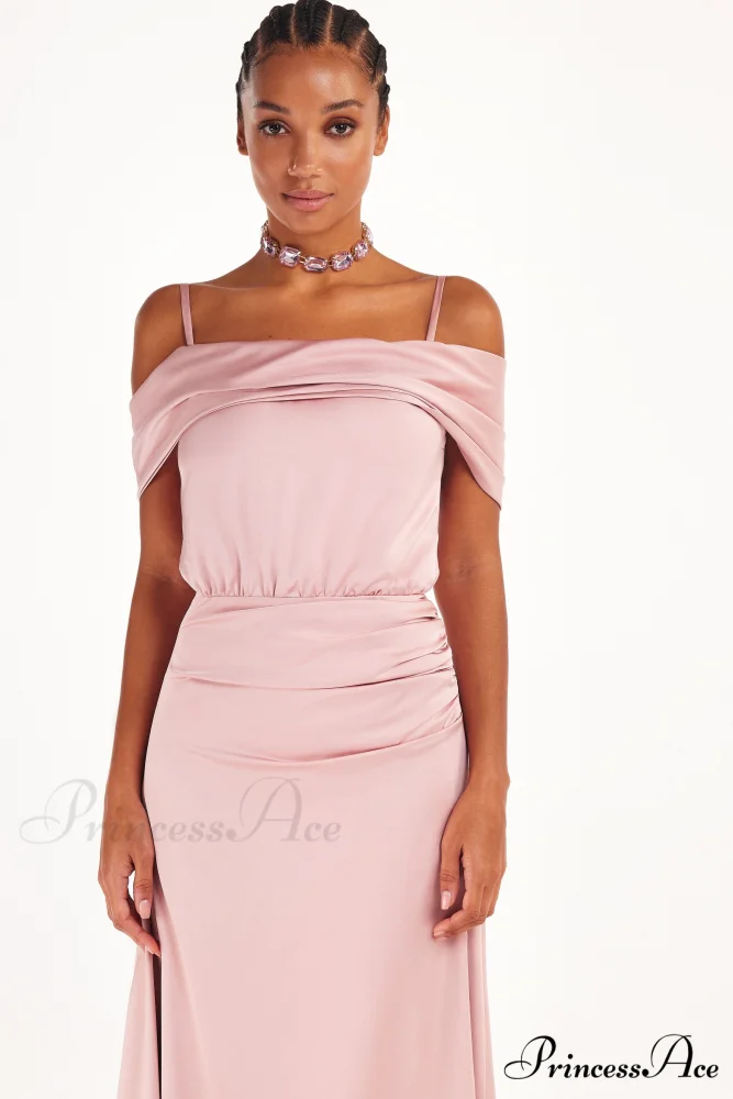 Elegant Misty Rose Charming Off-The-Shoulder Silk Maxi Dress - Image 6