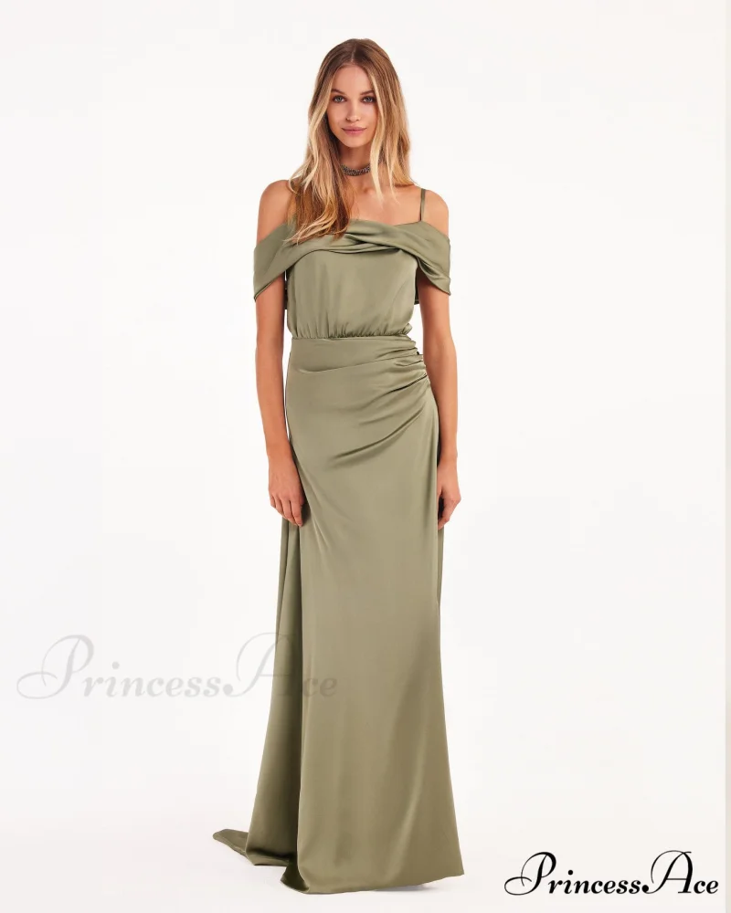 Elegant Olive Off-The-Shoulder Charming Silk Maxi Dress - Image 2