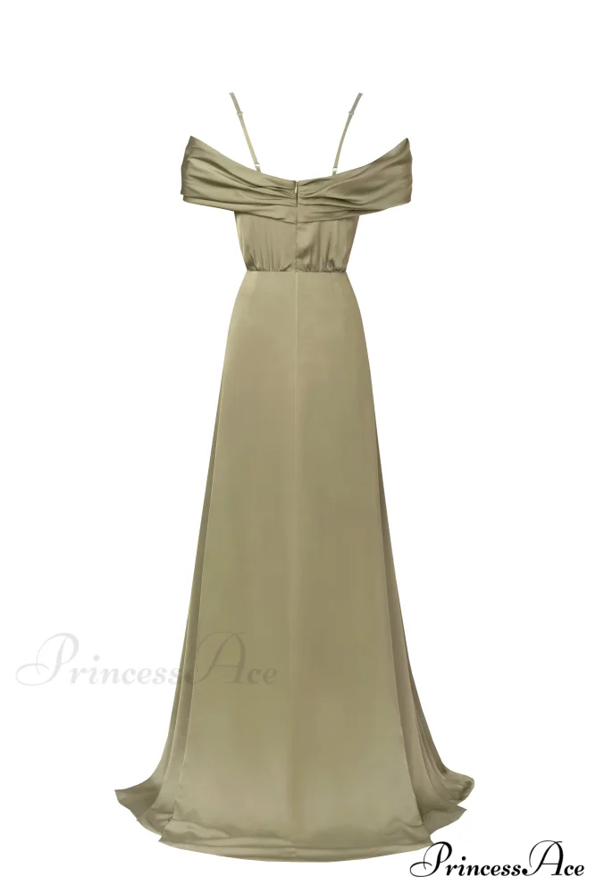 Elegant Olive Off-The-Shoulder Charming Silk Maxi Dress - Image 3