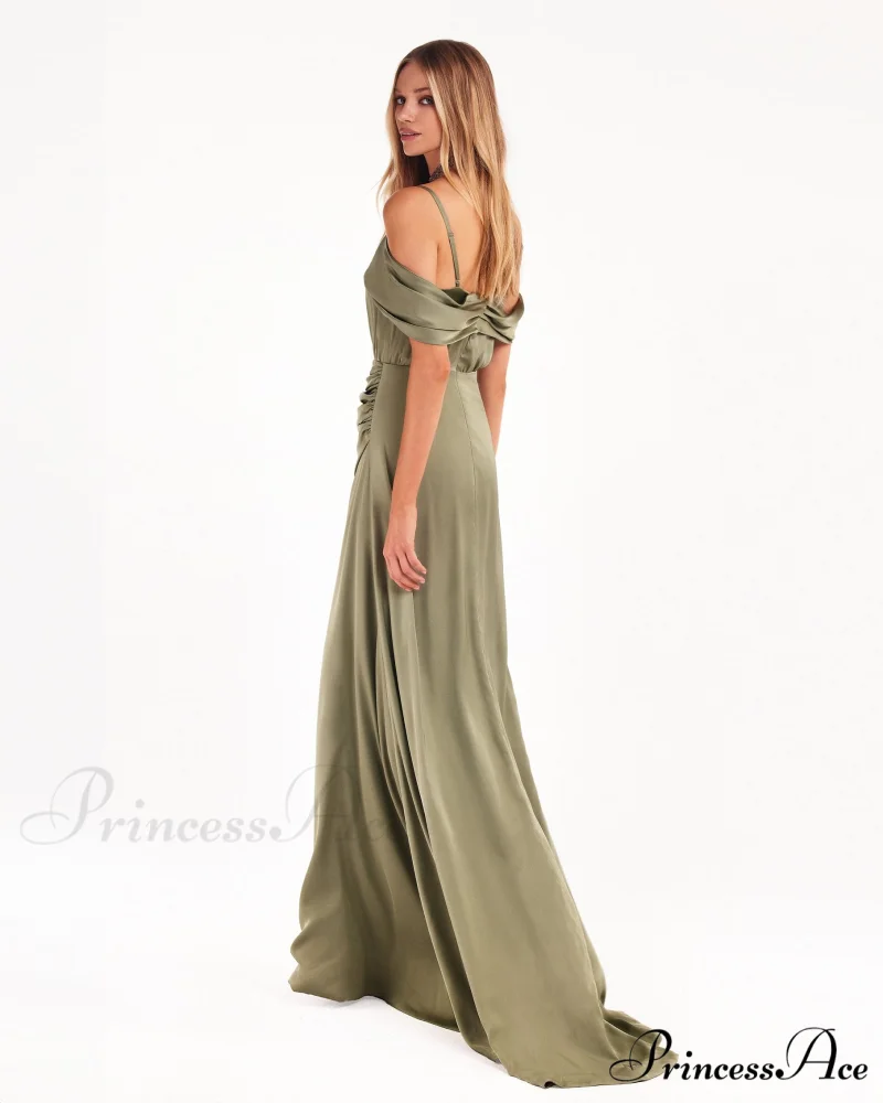 Elegant Olive Off-The-Shoulder Charming Silk Maxi Dress - Image 4