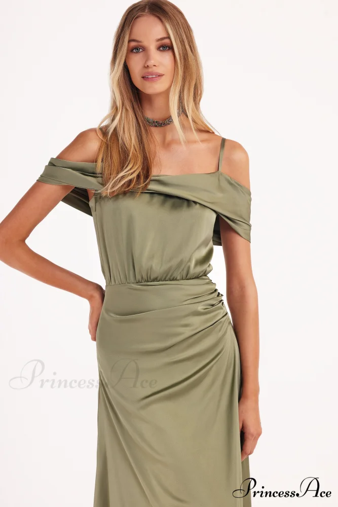 Elegant Olive Off-The-Shoulder Charming Silk Maxi Dress - Image 6