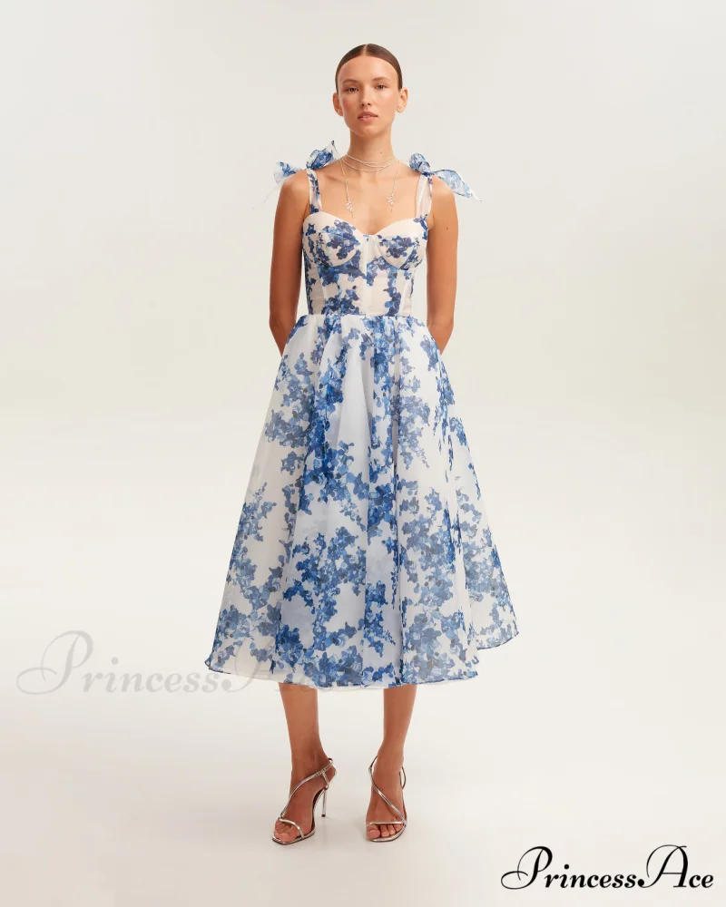Charming Blue Hydrangea-Patterned Organza Graceful Midi Dress, Garden Of Eden - Image 2