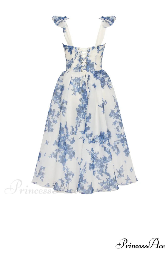 Charming Blue Hydrangea-Patterned Organza Graceful Midi Dress, Garden Of Eden - Image 3