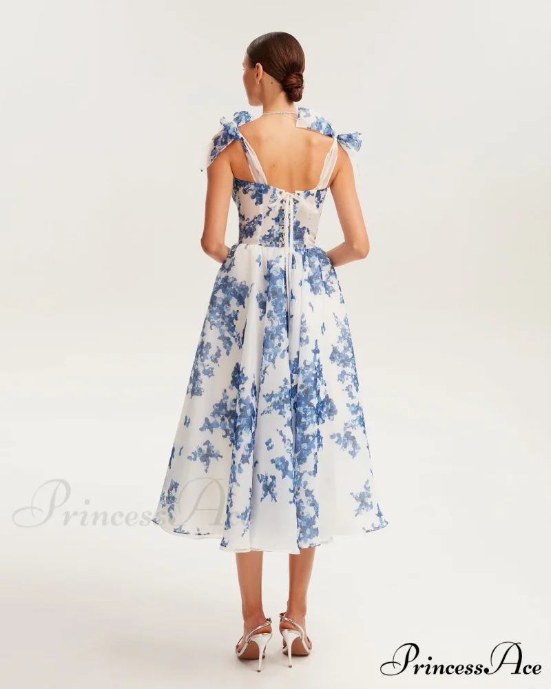 Charming Blue Hydrangea-Patterned Organza Graceful Midi Dress, Garden Of Eden - Image 4