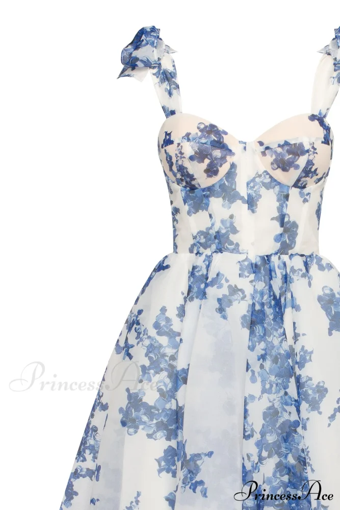 Charming Blue Hydrangea-Patterned Organza Graceful Midi Dress, Garden Of Eden - Image 5