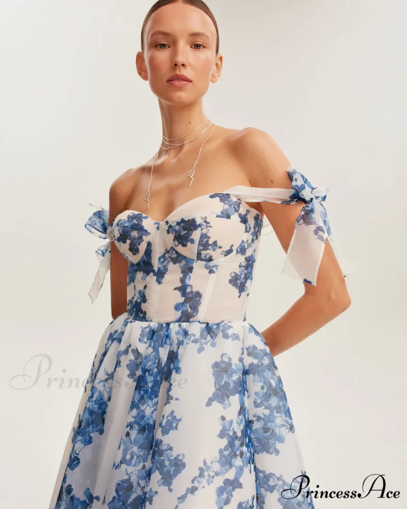 Charming Blue Hydrangea-Patterned Organza Graceful Midi Dress, Garden Of Eden - Image 6