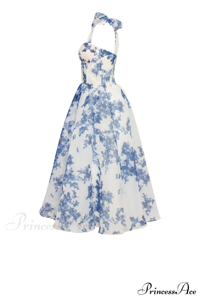 Charming Blue Hydrangea-Patterned Organza Graceful Midi Dress, Garden Of Eden - Image 7