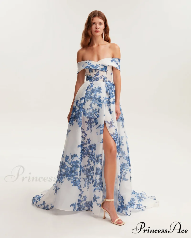 Catchy Off-The-Shoulder Blue Hydrangea Graceful Maxi Dress, Garden Of Eden - Image 2