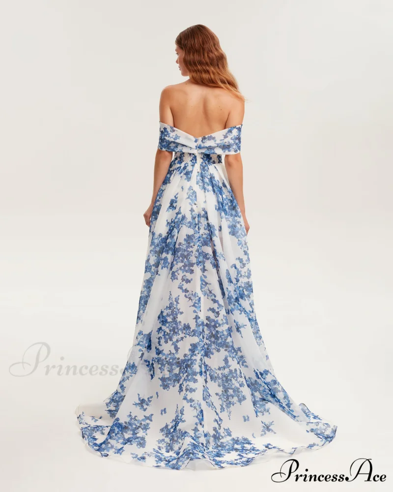 Catchy Off-The-Shoulder Blue Hydrangea Graceful Maxi Dress, Garden Of Eden - Image 4