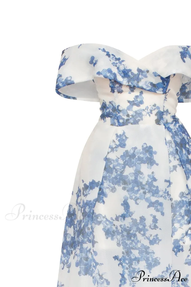 Catchy Off-The-Shoulder Blue Hydrangea Graceful Maxi Dress, Garden Of Eden - Image 5