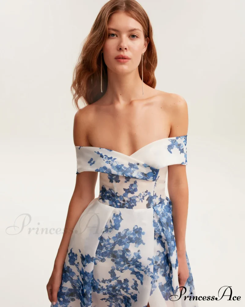 Catchy Off-The-Shoulder Blue Hydrangea Graceful Maxi Dress, Garden Of Eden - Image 6