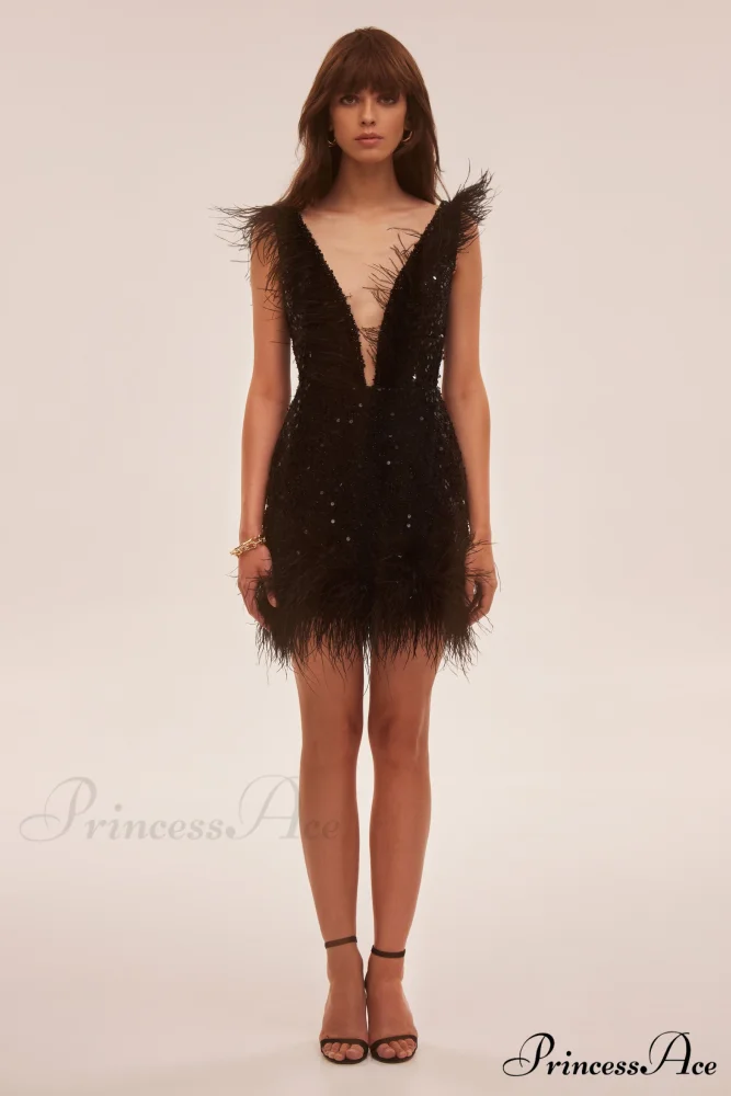 Dramatic Cocktail Dress On Straps Trendy Decorated With Sequins And Feathers - Image 2