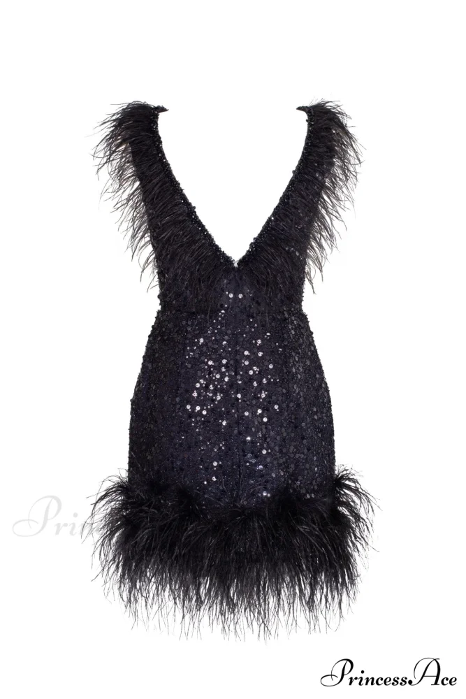 Dramatic Cocktail Dress On Straps Trendy Decorated With Sequins And Feathers - Image 3