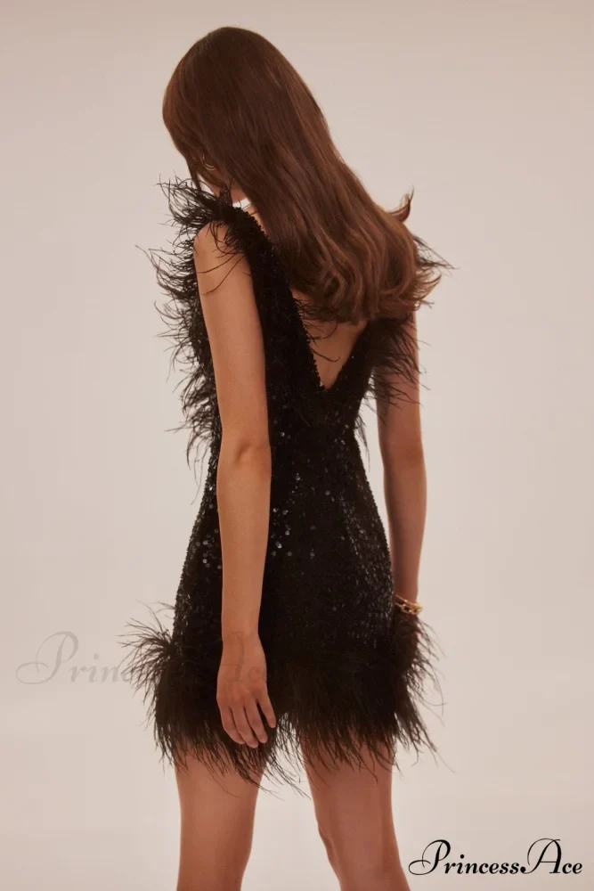 Dramatic Cocktail Dress On Straps Trendy Decorated With Sequins And Feathers - Image 4