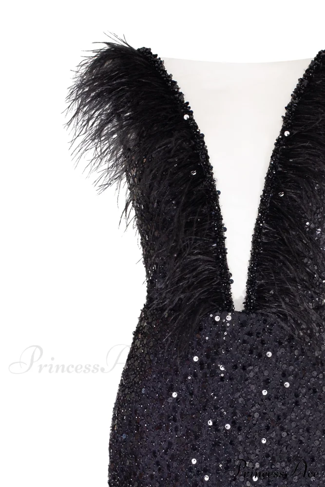 Dramatic Cocktail Dress On Straps Trendy Decorated With Sequins And Feathers - Image 5
