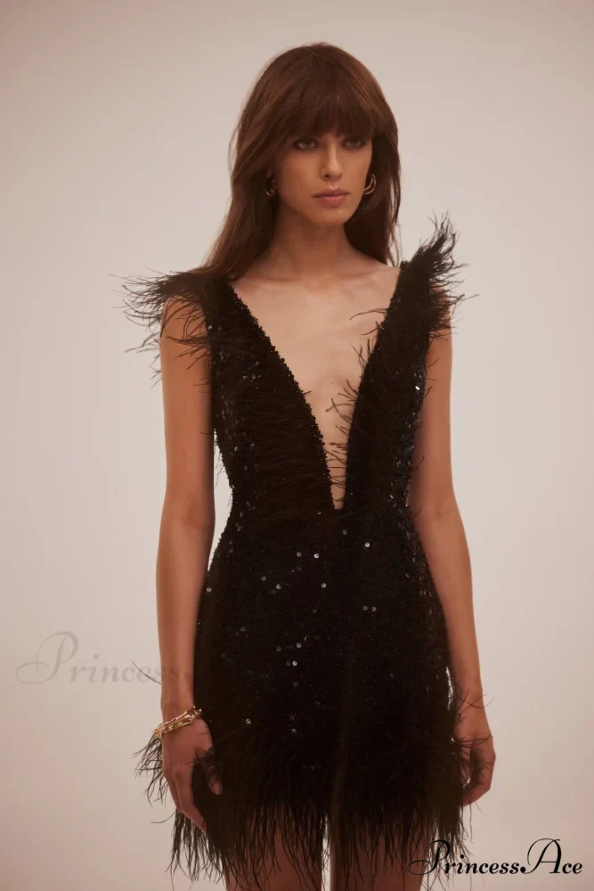 Dramatic Cocktail Dress On Straps Trendy Decorated With Sequins And Feathers - Image 6