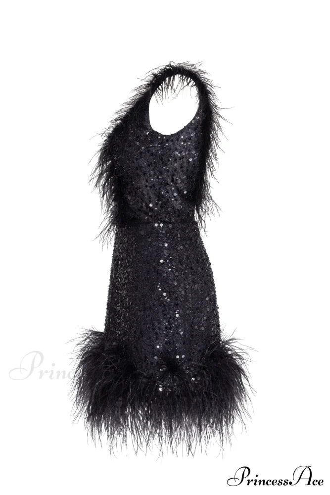 Dramatic Cocktail Dress On Straps Trendy Decorated With Sequins And Feathers - Image 7