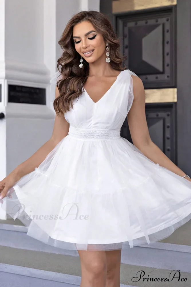 Aliana Shoulder Bow Charming Mesh Mini Cocktail Dress - Image 5