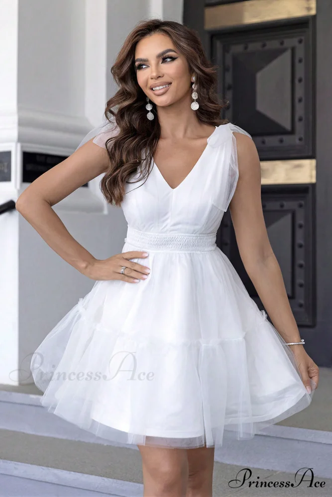 Aliana Shoulder Bow Charming Mesh Mini Cocktail Dress - Image 6