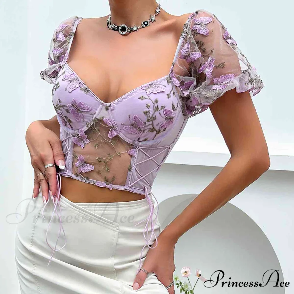 Butterfly Whispers Embroidery Charming Mesh Corset Top - Image 16