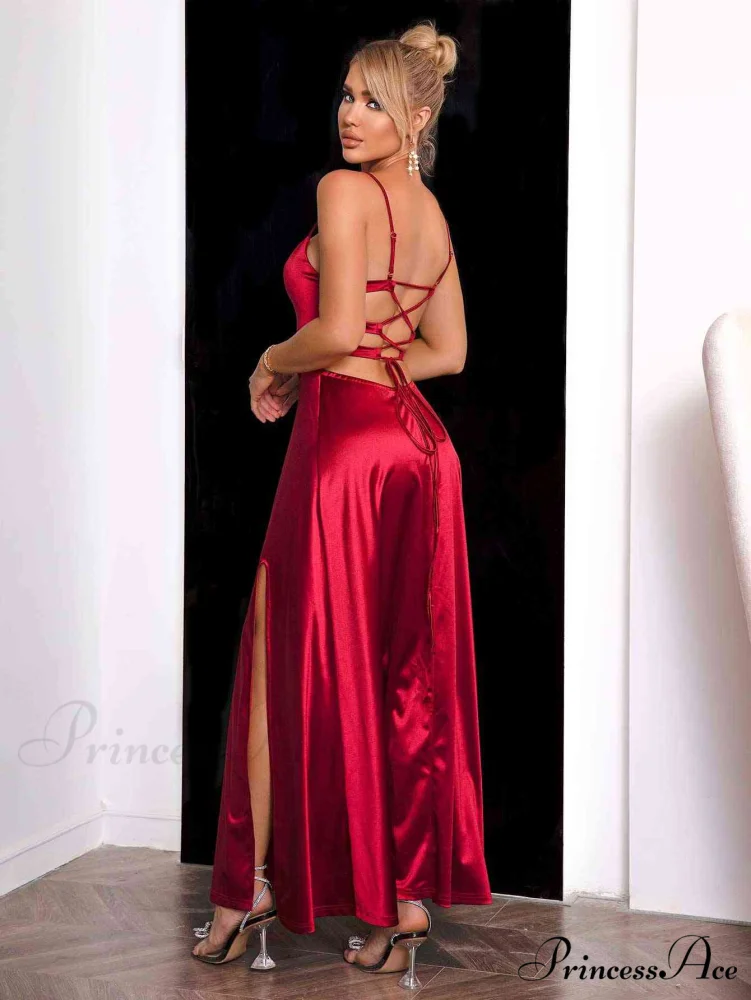 Crimson Elegance Stylish Satin Maxi Dress - Image 2