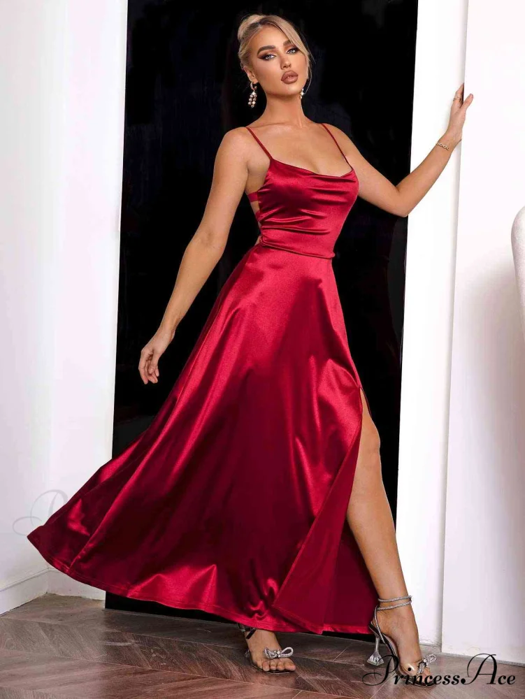 Crimson Elegance Stylish Satin Maxi Dress - Image 3