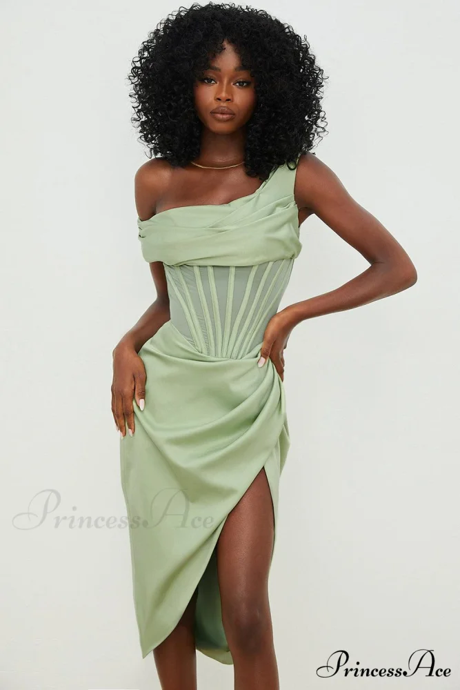 Draped Diva One-Shoulder Charming Corset Bodycon Midi Dress - Image 11