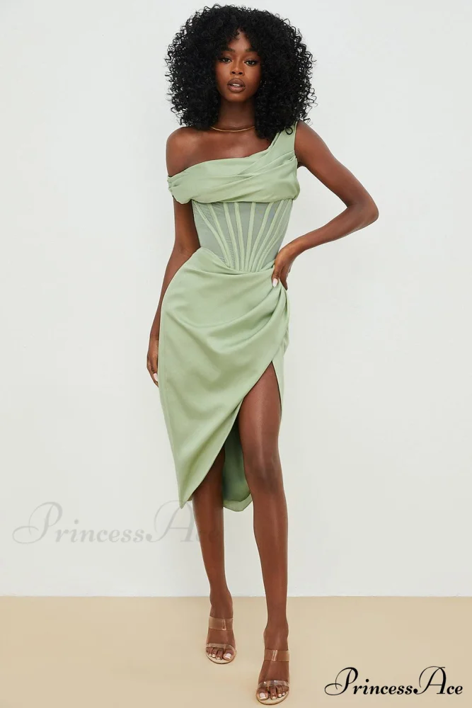 Draped Diva One-Shoulder Charming Corset Bodycon Midi Dress - Image 2