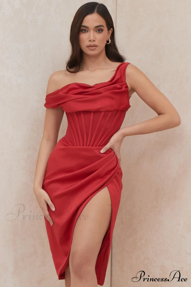 Asymmetric Drape Stylish Midi Corset Dress - Image 4