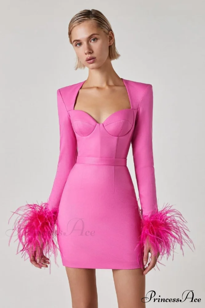 Feather Long Stylish Sleeve Bustier Dress - Image 3