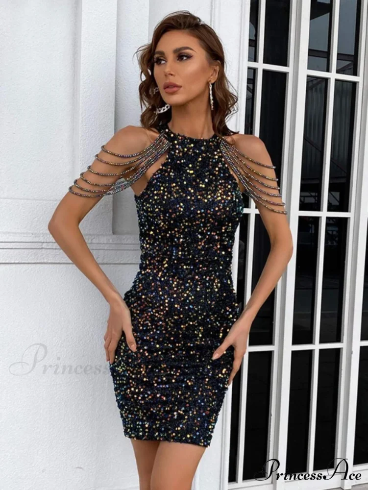 Chain Detail Stylish Sequin Bodycon Dress - Image 12