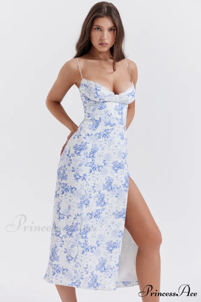 Charlotte Blue Print Charming Corset Midi Dress - Image 2