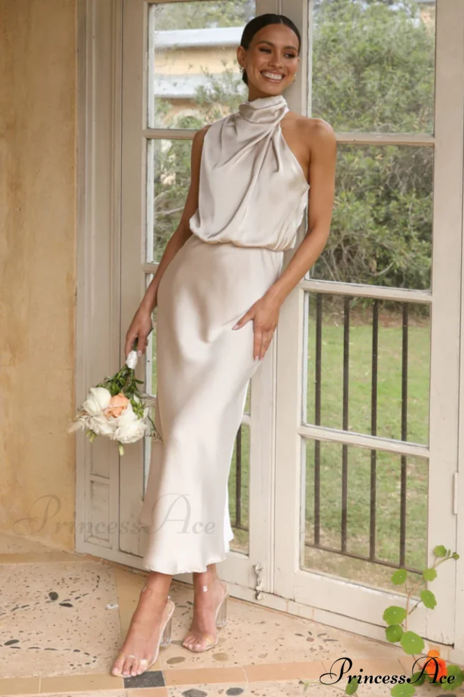 Halter Sleeveless Stylish Satin Bridesmaid Dress - Image 12