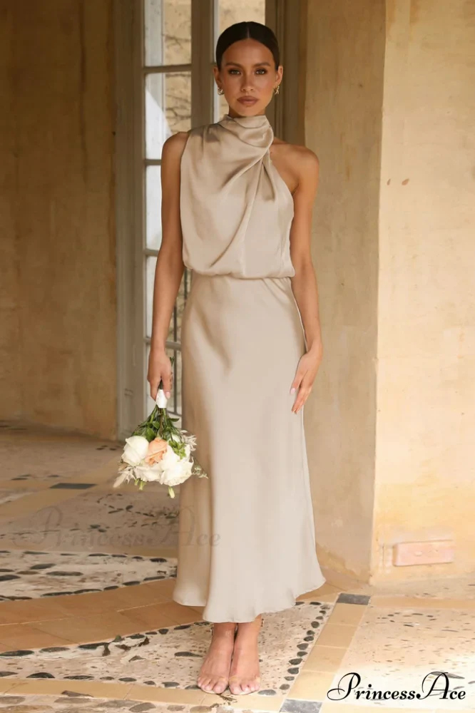 Halter Sleeveless Stylish Satin Bridesmaid Dress - Image 13