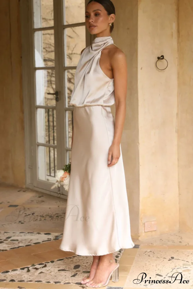Halter Sleeveless Stylish Satin Bridesmaid Dress - Image 14